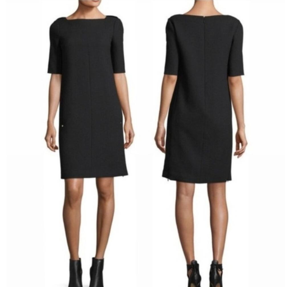 Lafayette 148 New York Crya Dress 10 Black Lace Panel 100% Wool Minimal Designer